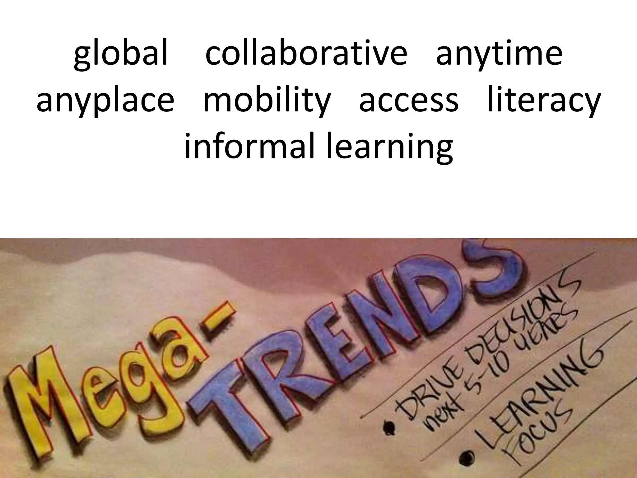 global collaborative anytime
anyplace mobility access literacy
informal learning
 