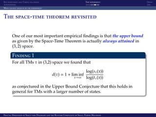 Box dimension and Turing machines The experiment Demo
Most salient results of the experiment
The space-time theorem revisited
One of our most important empirical ﬁndings is that the upper bound
as given by the Space-Time Theorem is actually always attained in
(3, 2) space.
Finding 1
For all TMs τ in (3,2) space we found that
d(τ) = 1 + lim inf
x→∞
log(sτ(x))
log(tτ(x))
as conjectured in the Upper Bound Conjecture that this holds in
general for TMs with a larger number of states.
Fractal Dimension of Space-time Diagrams and the Runtime Complexity of Small Turing Machines
 