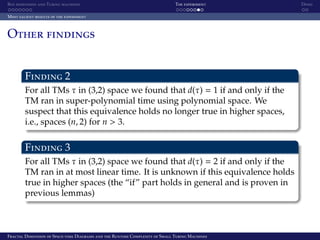 Box dimension and Turing machines The experiment Demo
Most salient results of the experiment
Other findings
Finding 2
For all TMs τ in (3,2) space we found that d(τ) = 1 if and only if the
TM ran in super-polynomial time using polynomial space. We
suspect that this equivalence holds no longer true in higher spaces,
i.e., spaces (n, 2) for n > 3.
Finding 3
For all TMs τ in (3,2) space we found that d(τ) = 2 if and only if the
TM ran in at most linear time. It is unknown if this equivalence holds
true in higher spaces (the “if” part holds in general and is proven in
previous lemmas)
Fractal Dimension of Space-time Diagrams and the Runtime Complexity of Small Turing Machines
 