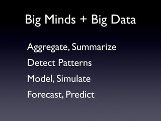 Big Minds + Big Data
Aggregate, Summarize
Detect Patterns
Model, Simulate
Forecast, Predict
 
