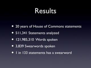 Results

• 20 years of House of Commons statements
• 511,341 Statements analyzed
• 121,985,310 Words spoken
• 3,839 Swearwords spoken
• 1 in 133 statements has a swearword
 
