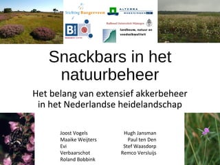 Snackbars in het
natuurbeheer
Het belang van extensief akkerbeheer
in het Nederlandse heidelandschap
Joost Vogels
Maaike Weijters
Evi
Verbaarschot
Roland Bobbink

Hugh Jansman
Paul ten Den
Stef Waasdorp
Remco Versluijs

 