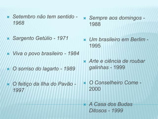  Setembro não tem sentido - 
1968 
 Sargento Getúlio - 1971 
 Viva o povo brasileiro - 1984 
 O sorriso do lagarto - 1989 
 O feitiço da Ilha do Pavão - 
1997 
 Sempre aos domingos - 
1988 
 Um brasileiro em Berlim - 
1995 
 Arte e ciência de roubar 
galinhas - 1999 
 O Conselheiro Come - 
2000 
 A Casa dos Budas 
Ditosos - 1999 
 