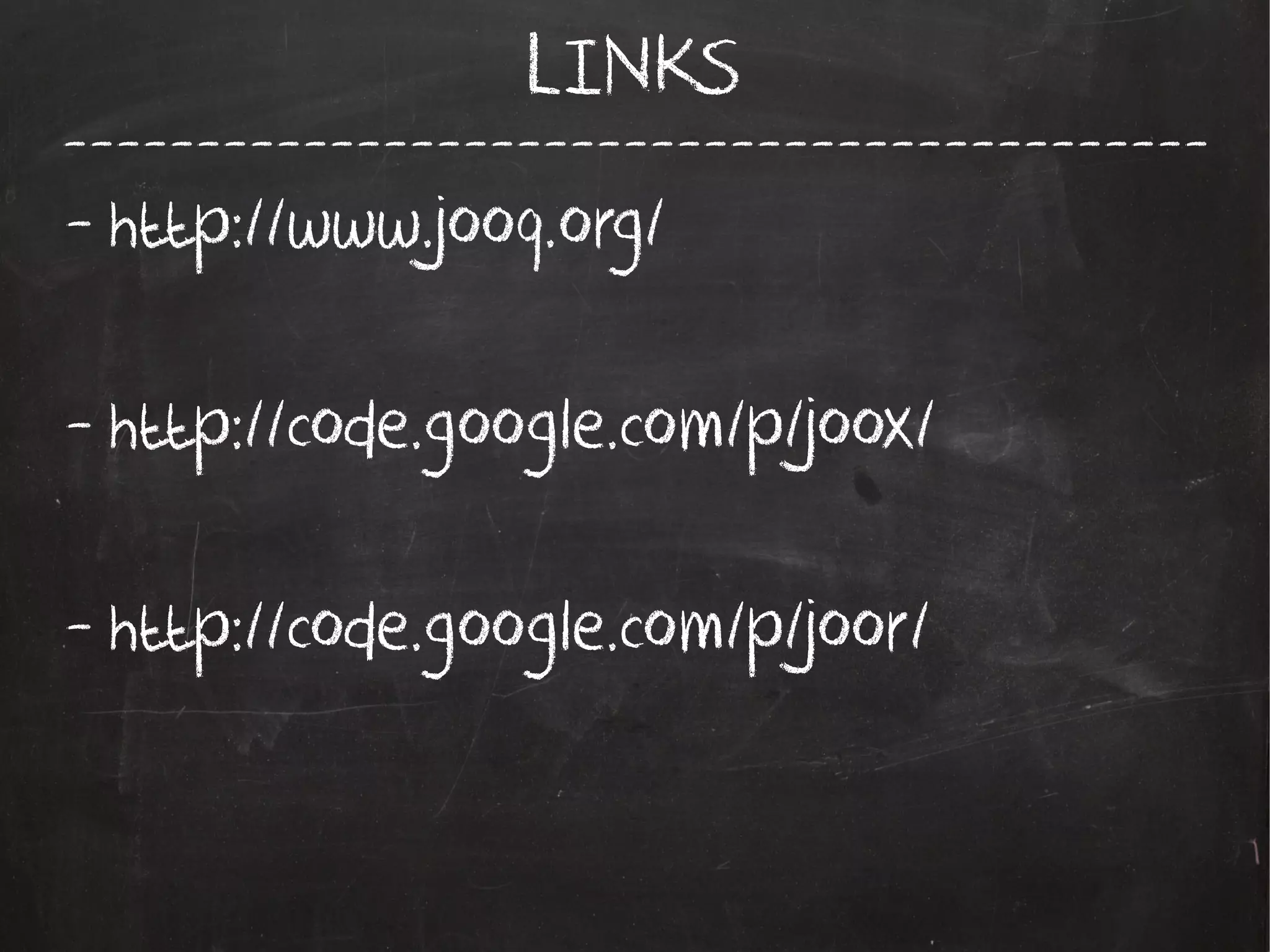 -------------------------------------------
LINKS
- http://www.jooq.org/
- http://code.google.com/p/joox/
- http://code.google.com/p/joor/
 