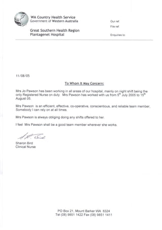 Reference letter from Plantagenet Hospital 2005