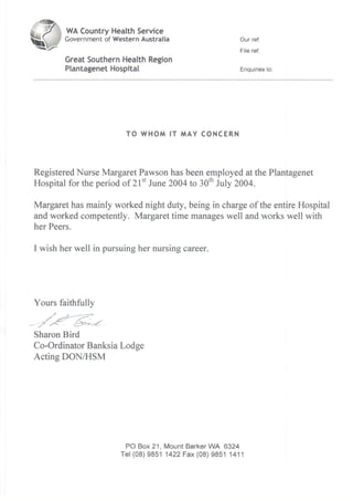 Reference Letter - Plantagenet Hospital 2004