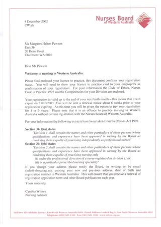 Letter  from the Nurses Board of Western Australia