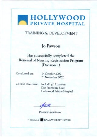 Hollywood Private Hospital - training and development Certificate