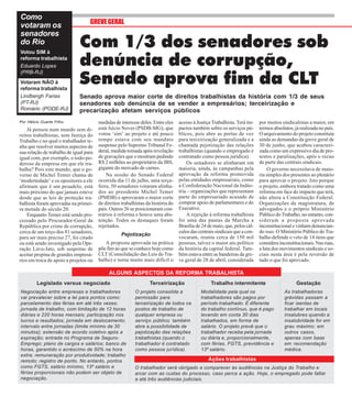 14 / JULHO / 20174
Por Hélcio Duarte Filho
Já pensou num mundo sem di-
reitos trabalhistas, sem Justiça do
Trabalho e no qual o trabalhador te-
nha que resolver muitos aspectos de
sua relação de trabalho de igual para
igual com, por exemplo, o todo-po-
deroso da empresa em que ele tra-
balha? Pois este mundo, que o go-
verno de Michel Temer chama de
‘modernidade’ e os opositores a ele
afirmam que é um pesadelo, está
mais próximo do que jamais esteve
desde que as leis de proteção tra-
balhista foram aprovadas na primei-
ra metade do século 20.
Enquanto Temer está sendo pro-
cessado pelo Procurador-Geral da
República por crime de corrupção,
cerca de um terço dos 81 senadores,
para ser mais preciso 27, foi citado
ou está sendo investigado pela Ope-
ração Lava-Jato, sob suspeitas de
aceitar propina de grandes empresá-
rios em troca de apoio a projetos ou
Legislado versus negociado
Negociação entre empresas e trabalhadores
vai prevalecer sobre a lei para pontos como:
parcelamento das férias em até três vezes;
jornada de trabalho, com limitação de 12 horas
diárias e 220 horas mensais; participação nos
lucros e resultados; jornada em deslocamento;
intervalo entre jornadas (limite mínimo de 30
minutos); extensão de acordo coletivo após a
expiração; entrada no Programa de Seguro-
Emprego; plano de cargos e salários; banco de
horas, garantido o acréscimo de 50% na hora
extra; remuneração por produtividade; trabalho
remoto; registro de ponto. No entanto, pontos
como FGTS, salário mínimo, 13º salário e
férias proporcionais não podem ser objeto de
negociação.
medidas de interesse deles. Entre eles
está Aécio Neves (PSDB-MG), que
votou ‘sim’ ao projeto e até pouco
tempo estava com seu mandato
suspenso pelo Supremo Tribunal Fe-
deral, medida tomada após revelação
de gravações que o mostram pedindo
R$ 2 milhões ao proprietário da JBS,
gigante do mercado de carnes.
Na sessão do Senado Federal
ocorrida dia 11 de julho, uma terça-
feira, 50 senadores votaram alinha-
dos ao presidente Michel Temer
(PMDB) e aprovaram o maior corte
de direitos trabalhistas da história do
país. Outros 26 se posicionaram con-
trários à reforma e houve uma abs-
tenção. Todos os destaques foram
rejeitados.
Pejotização
A proposta aprovada na prática
põe fim ao que se conhece hoje como
CLT (Consolidação das Leis do Tra-
balho) e torna muito mais difícil o
Com 1/3 dos senadores sob
denúncia de corrupção,
Senado aprova fim da CLT
Senado aprova maior corte de direitos trabalhistas da história com 1/3 de seus
senadores sob denúncia de se vender a empresários; terceirização e
precarização afetam serviços públicos
acesso à JustiçaTrabalhista.Terá im-
pactos também sobre os serviços pú-
blicos, pois abre as portas de vez
para terceirização generalizada e a
chamada pejotização das relações
trabalhistas (quando o empregado é
contratado como pessoa jurídica).
Os senadores se alinharam em
maioria, ainda, às campanhas pela
aprovação da reforma promovida
pelas entidades empresariais, como
a Confederação Nacional da Indús-
tria – organizações que representam
parte do empresariado acusado de
comprar apoio de parlamentares e do
Executivo.
A rejeição à reforma trabalhista
foi uma das pautas da Marcha a
Brasília de 24 de maio, que, pelos cál-
culos das centrais sindicais que a con-
vocaram, reuniu cerca de 150 mil
pessoas, talvez o maior ato político
da história da capital federal. Tam-
bém estava entre as bandeiras da gre-
ve geral de 28 de abril, considerada
por muitos sindicalistas a maior, em
termos absolutos, já realizada no país.
O arquivamento do projeto constituía
ainda as demandas da greve geral de
30 de junho, que acabou caracteri-
zada como um expressivo dia de pro-
testos e paralisações, após o recuo
de parte das centrais sindicais.
O governo necessitava de maio-
ria simples dos presentes ao plenário
para aprovar o projeto. Isto porque
o projeto, embora tratado como uma
reforma em face do impacto que terá,
não altera a Constituição Federal.
Organizações da magistratura, de
advogados e o próprio Ministério
Público doTrabalho, no entanto, con-
sideram a proposta aprovada
inconstitucional e vinham denuncian-
do isso. O Ministério Público doTra-
balho defende o veto de 14 itens que
considera inconstitucionais. Nas ruas,
a luta dos movimentos sindicais e so-
ciais nesta área é pela reversão de
tudo o que foi aprovado.
ALGUNS ASPECTOS DA REFORMA TRABALHISTA
Terceirização
O projeto consolida a
permissão para
terceirização de todos os
postos de trabalho de
qualquer empresa ou
serviço público; também
abre a possibilidade de
pejotização das relações
trabalhistas (quando o
trabalhador é contratado
como pessoa jurídica).
Gestação
As trabalhadoras
grávidas passam a
ficar isentas de
trabalhar em locais
insalubres quando a
insalubridade for em
grau máximo; em
outros casos,
apenas com base
em recomendação
médica.
Ações trabalhistas
O trabalhador será obrigado a comparecer às audiências na Justiça do Trabalho e
arcar com as custas do processo, caso perca a ação. Hoje, o empregado pode faltar
a até três audiências judiciais.
Trabalho intermitente
Modalidade pela qual os
trabalhadores são pagos por
período trabalhado. É diferente
do trabalho contínuo, que é pago
levando em conta 30 dias
trabalhados, em forma de
salário. O projeto prevê que o
trabalhador receba pela jornada
ou diária e, proporcionalmente,
com férias, FGTS, previdência e
13º salário.
GREVEGERAL
Como
votaram os
senadores
do Rio
Votou SIM à
reforma trabalhista
Eduardo Lopes
(PRB-RJ)
Votaram NÃO à
reforma trabalhista
Lindbergh Farias
(PT-RJ)
Romário (PODE-RJ)
 