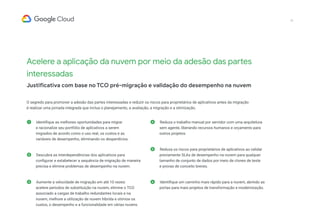 ➊ Identifique as melhores oportunidades para migrar
e racionalize seu portfólio de aplicativos a serem
migrados de acordo como o uso real, os custos e as
variáveis de desempenho, eliminando os desperdícios.
➋ Descubra as interdependências dos aplicativos para
configurar e estabelecer a sequência de migração de maneira
precisa e elimine problemas de desempenho na nuvem.
➌ Aumente a velocidade de migração em até 10 vezes:
acelere períodos de substituição na nuvem, elimine o TCO
associado a cargas de trabalho redundantes locais e na
nuvem, melhore a utilização de nuvem híbrida e otimize os
custos, o desempenho e a funcionalidade em várias nuvens.
➍ Reduza o trabalho manual por servidor com uma arquitetura
sem agente, liberando recursos humanos e orçamento para
outros projetos.
➎ Reduza os riscos para proprietários de aplicativos ao validar
previamente SLAs de desempenho na nuvem para qualquer
tamanho de conjunto de dados por meio de clones de teste
e provas de conceito breves.
➏ Identifique um caminho mais rápido para a nuvem, abrindo as
portas para mais projetos de transformação e modernização.
Acelere a aplicação da nuvem por meio da adesão das partes
interessadas
Justificativa com base no TCO pré-migração e validação do desempenho na nuvem
O segredo para promover a adesão das partes interessadas e reduzir os riscos para proprietários de aplicativos antes da migração
é realizar uma jornada integrada que inclua o planejamento, a avaliação, a migração e a otimização.
13
 