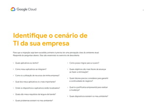 8
Identifique o cenário de
TI da sua empresa
Para que a migração seja bem-sucedida, primeiro é preciso ter uma percepção clara do ambiente atual.
Responda às perguntas abaixo. Elas são essenciais no exercício de descoberta.
•	 Quais aplicativos eu tenho?
•	 Como meus aplicativos se integram?
•	 Como é a utilização de recursos da minha empresa?
•	 Qual dos meus aplicativos é o mais importante?
•	 Onde os dispositivos e aplicativos estão localizados?
•	 Quais são meus requisitos de largura de banda?
•	 Quais problemas existem no meu ambiente?
•	 Como posso migrar para a nuvem?
•	 Quais objetivos são mais fáceis de alcançar
ao fazer a otimização?
•	 Quais fatores preciso considerar para garantir
a continuidade do negócio?
•	 Qual é a justificativa empresarial para realizar
a mudança?
•	 Quais dispositivos existem no meu ambiente?
 