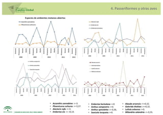 4. Passeriformes y otras aves




•   Accanthis cannabina: r= 0.      •   Emberiza hortulana: r=0.      •   Alauda arvensis: r=+0,32.
•   Phoenicurus ochuros: r= 0,37.   •   Anthus campestris: r=0.       •   Galerida theklae: r=+0,32.
•   Alectoris rufa: r= 0.           •   Anthus spinoletta: r=-0,36.   •   Lullula arborea: r=0.
•   Emberiza cia: r= +0,14.         •   Saxicola torquata: r=0.       •   Milandria calandria: r=-0,35.
 