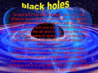 To see why this can happen , for e.g. if you threw a tennis ball up into the air , the harder you throw the ball the higher it will go. If you have a strong arm you could throw the tennis ball higher in the air and it may not come back to you. If you were in space and you threw the ball in the black hole it will travel at about 7 miles a second. Very heavy stars end their lives in a huge explosion. This explosion blows away every bit of the outer parts of the star. Gas rushes outwards everywhere making a glowing shell. All that is left is a very little hot star in the middle of the shell, which is a black hole. black holes 