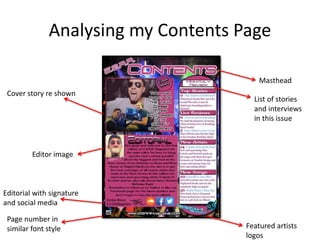 Analysing my Contents Page
Masthead
List of stories
and interviews
in this issue
Featured artists
logos
Cover story re shown
Editor image
Editorial with signature
and social media
Page number in
similar font style
 