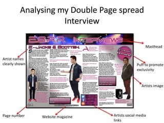 Analysing my Double Page spread
Interview
Artist names
clearly shown
Artists social media
links
Artists image
Puff to promote
exclusivity
Masthead
Page number Website magazine
 