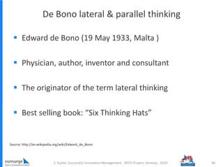 De Bono lateral & parallel thinking
 Edward de Bono (19 May 1933, Malta )
 Physician, author, inventor and consultant
 The originator of the term lateral thinking
 Best selling book: “Six Thinking Hats”
Source: http://en.wikipedia.org/wiki/Edward_de_Bono
46S. Kutter, Successful Innovation Management, SRTD-Project, Amman, 2010
 