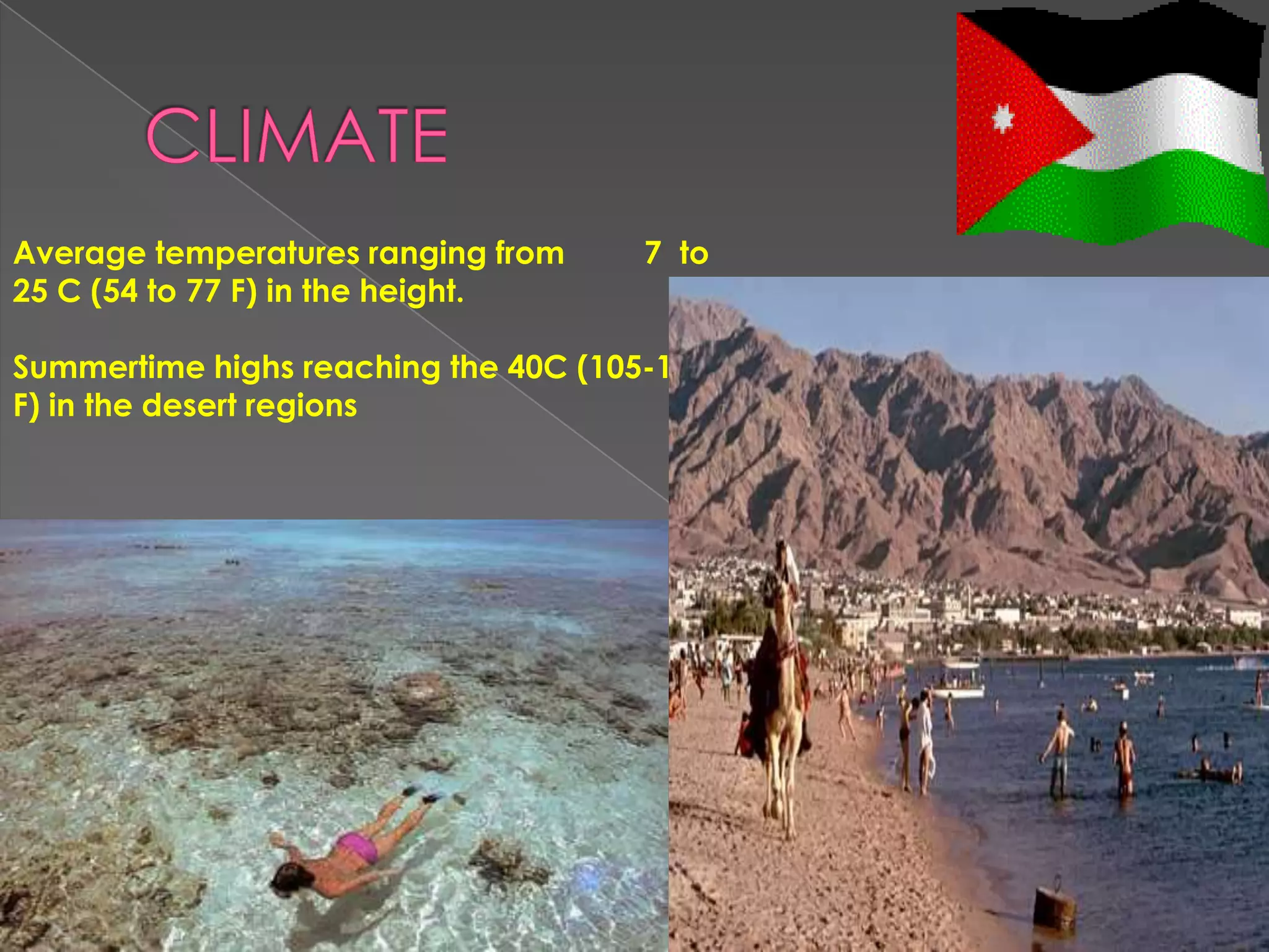 Average temperatures ranging from     7 to
25 C (54 to 77 F) in the height.

Summertime highs reaching the 40C (105-115
F) in the desert regions
 