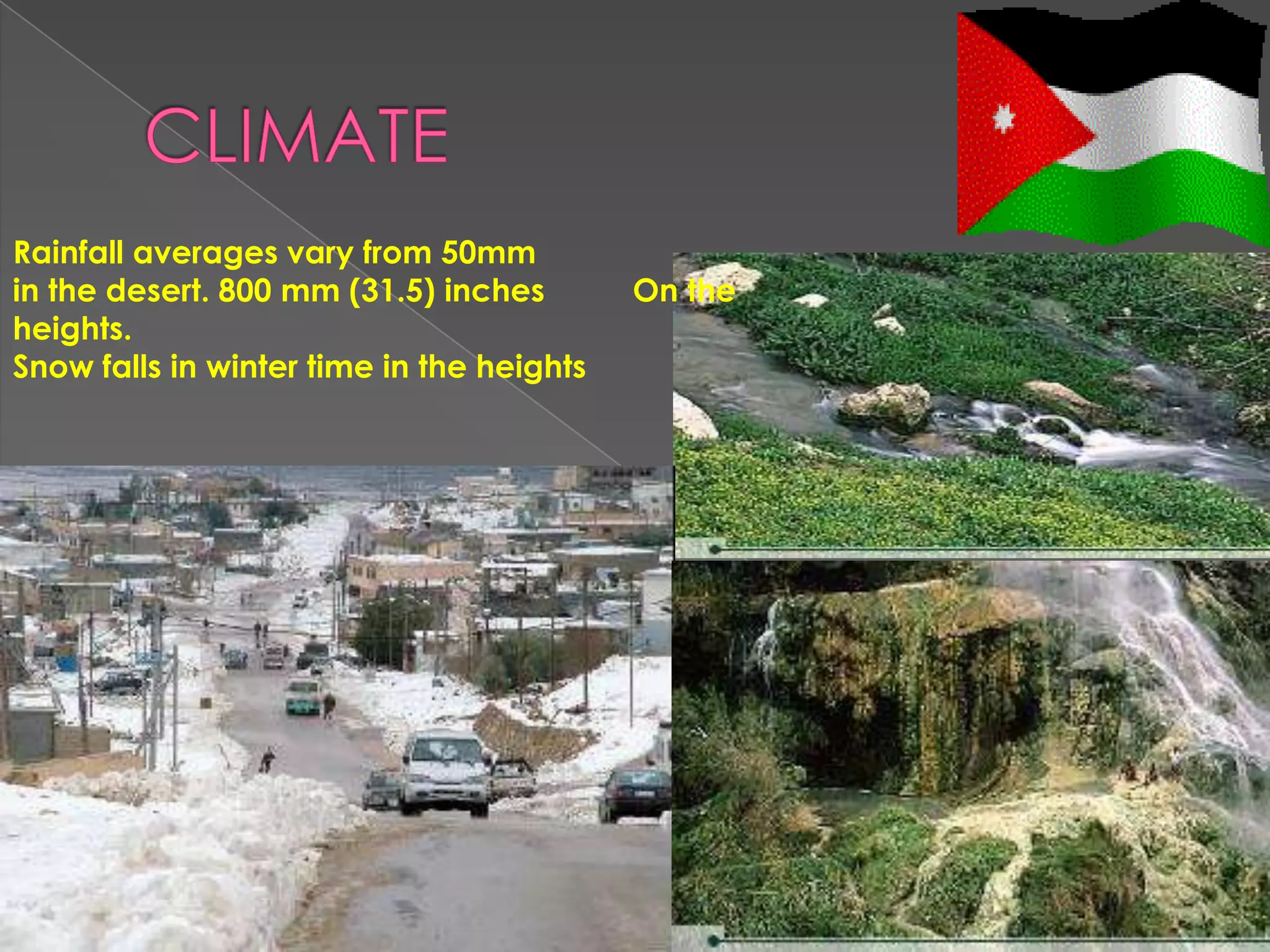 Rainfall averages vary from 50mm
in the desert. 800 mm (31.5) inches        On the
heights.
Snow falls in winter time in the heights
 