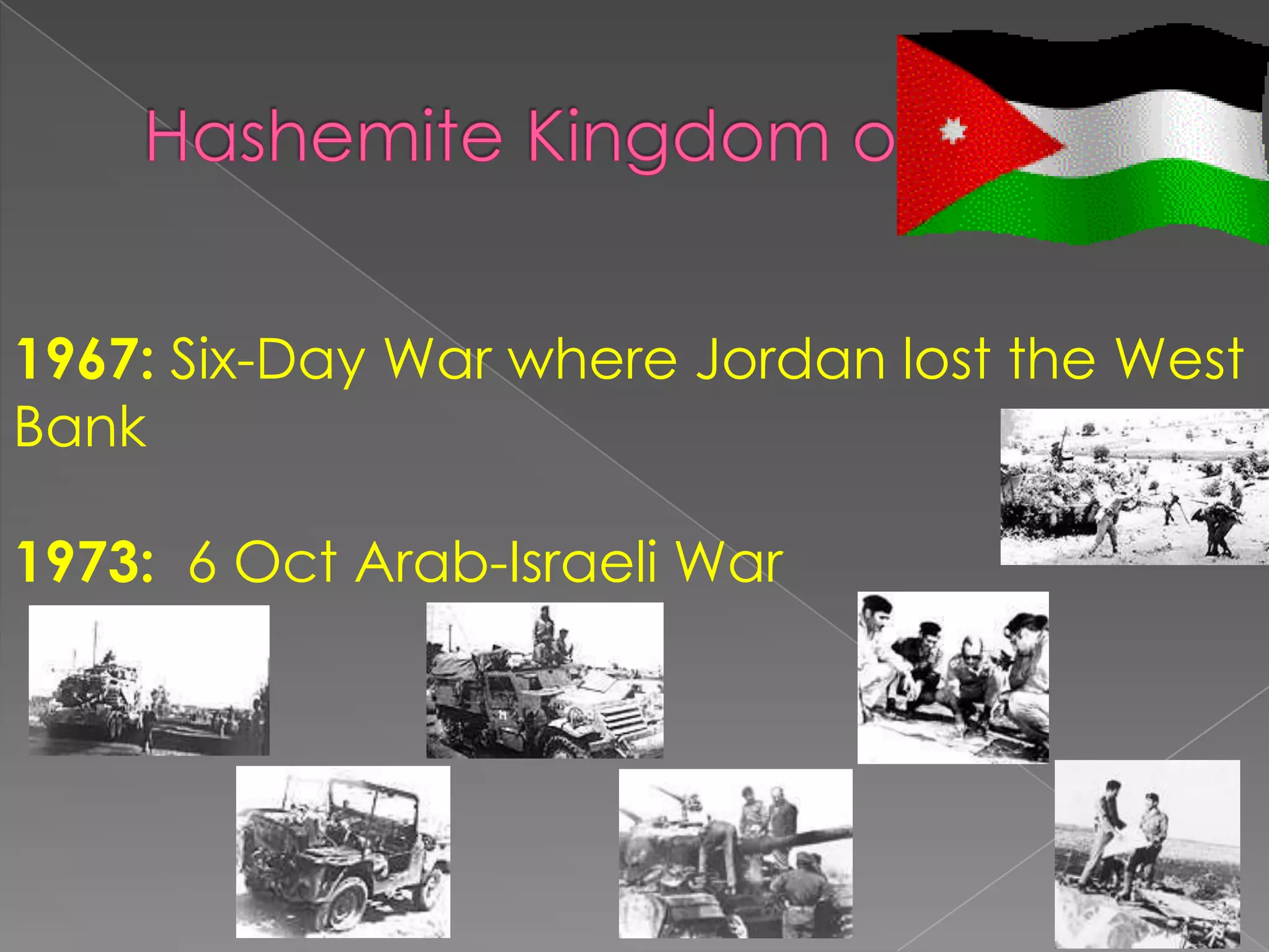 1967: Six-Day War where Jordan lost the West
Bank

1973: 6 Oct Arab-Israeli War
 