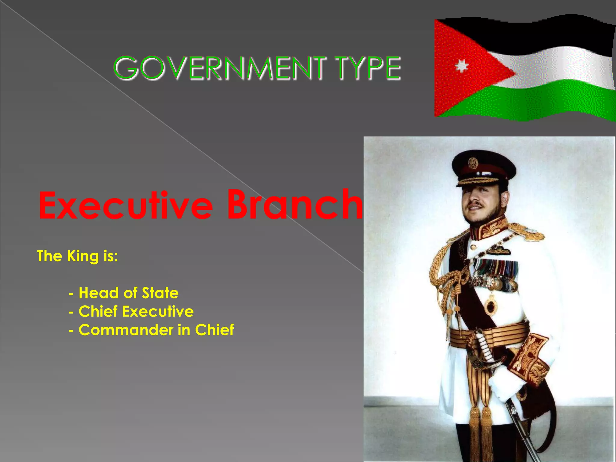Executive Branch
The King is:

    - Head of State
    - Chief Executive
    - Commander in Chief
 