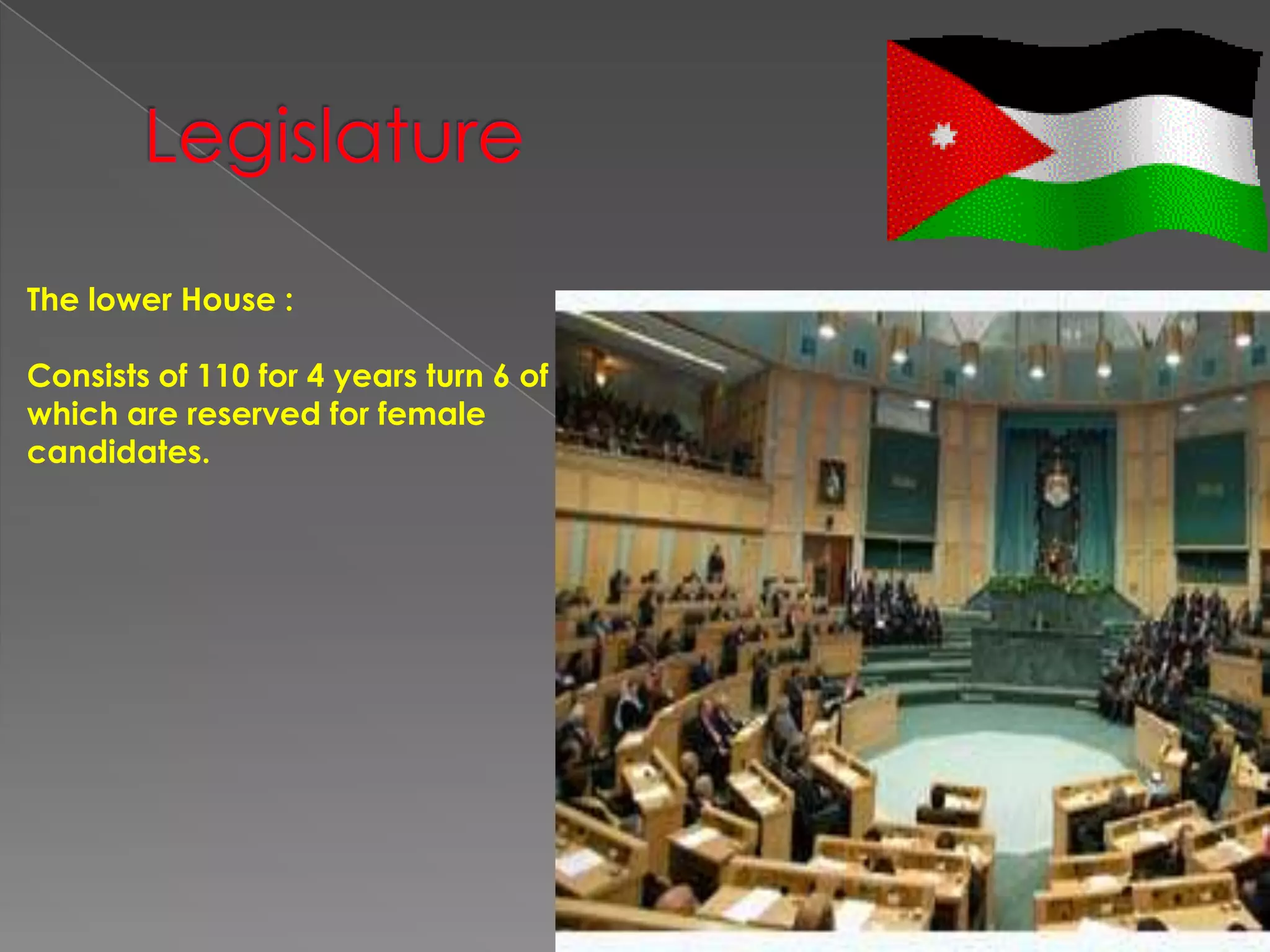 The lower House :

Consists of 110 for 4 years turn 6 of
which are reserved for female
candidates.
 