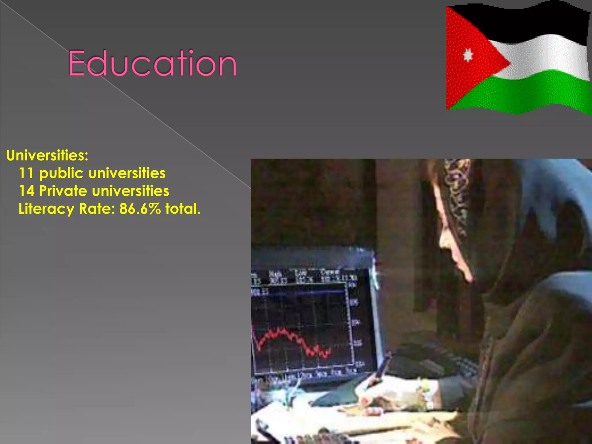 Universities:
 11 public universities
 14 Private universities
 Literacy Rate: 86.6% total.
 