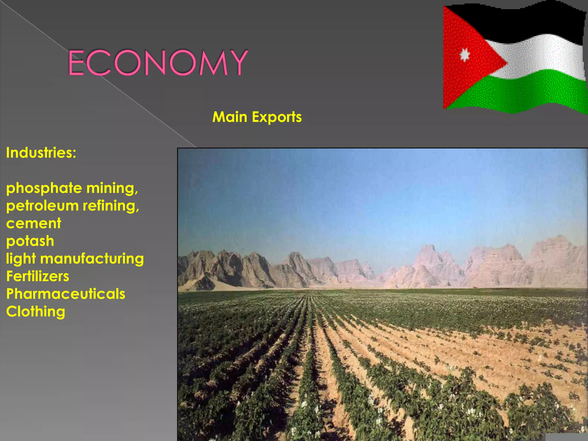 Main Exports

Industries:

phosphate mining,
petroleum refining,
cement
potash
light manufacturing
Fertilizers
Pharmaceuticals
Clothing
 