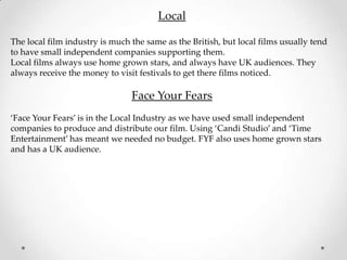 Local

The local film industry is much the same as the British, but local films usually tend
to have small independent companies supporting them.
Local films always use home grown stars, and always have UK audiences. They
always receive the money to visit festivals to get there films noticed.

                                Face Your Fears
‘Face Your Fears’ is in the Local Industry as we have used small independent
companies to produce and distribute our film. Using ‘Candi Studio’ and ‘Time
Entertainment’ has meant we needed no budget. FYF also uses home grown stars
and has a UK audience.
 
