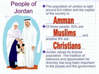People of
Jordan
The population of Jordan is right
around 6.5 million and the capital
of the country is
____________________.
Of these people, 92% are
_____________________, and
another 6% are
_______________________.
Jordan values its diverse
population. The tradition of
tolerance and appreciation for
diversity has long been important
to the people and the government.
 