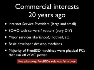 Commercial interests 
20 years ago 
• Internet Service Providers (large and small) 
• SOHO web servers / routers (very DIY...
