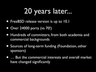 20 years later... 
• FreeBSD release version is up to 10.1 
• Over 24000 ports (vs 70!) 
• Hundreds of committers, from bo...