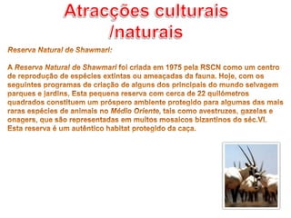 Atracções culturais /naturaisReserva Natural de Shawmari: A Reserva Natural de Shawmari foi criada em 1975 pela RSCN como um centro de reprodução de espécies extintas ou ameaçadas da fauna. Hoje, com os seguintes programas de criação de alguns dos principais do mundo selvagem parques e jardins, Esta pequena reserva com cerca de 22 quilómetros quadrados constituem um próspero ambiente protegido para algumas das mais raras espécies de animais no Médio Oriente, tais como avestruzes, gazelas e onagers, que são representadas em muitos mosaicos bizantinos do séc.VI. Esta reserva é um autêntico habitat protegido da caça.