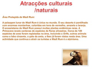Atracções culturais /naturaisÁrea Protegida de Wadi Rum: A paisagem lunar de Wadi Rum é única no mundo. O seu deserto é pontilhado com enormes montanhas, coloridas em tons de vermelho, amarelo e laranja.O ecossistema de Wadi Rum possui muitas plantas endémicas raras. A Primavera revela centenas de espécies de flores silvestres. Cerca de 120 espécies de aves foram registadas na área, incluindo o Grifo, outros animais como o lobo cinzento, o gato da areia, o Ibex já foram vistos nesta área. Uma actividade que continua a atrair os turistas a Wadi Rum é o alpinismo.