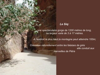 Le Siq:

      une spectaculaire gorge de 1200 mètres de long,
             sa largeur varie de 3 à 17 mètres.

   A l’endroit le plus haut,la montagne peut atteindre 100m;

Creuséee naturellement entre les falaises de grès
                                          elle conduit aux
                    merveilles de Pétra
 