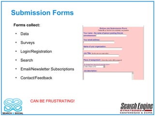 Submission Forms Forms collect: Data Surveys Login/Registration Search Email/Newsletter Subscriptions Contact/Feedback CAN BE FRUSTRATING! 
