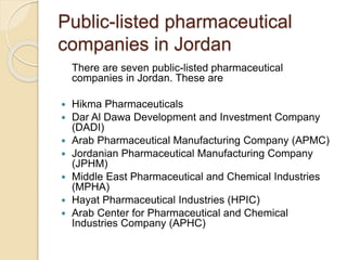 Public-listed pharmaceutical
companies in Jordan
There are seven public-listed pharmaceutical
companies in Jordan. These are
 Hikma Pharmaceuticals
 Dar Al Dawa Development and Investment Company
(DADI)
 Arab Pharmaceutical Manufacturing Company (APMC)
 Jordanian Pharmaceutical Manufacturing Company
(JPHM)
 Middle East Pharmaceutical and Chemical Industries
(MPHA)
 Hayat Pharmaceutical Industries (HPIC)
 Arab Center for Pharmaceutical and Chemical
Industries Company (APHC)
 