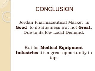 CONCLUSION
Jordan Pharmaceutical Market is
Good to do Business But not Great.
Due to its low Local Demand.
But for Medical Equipment
Industries it’s a great opportunity to
tap.
 