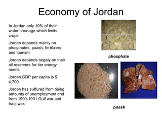 Economy of Jordan In Jordan only 10% of their water shortage which limits crops Jordan depends mainly on phosphates, poash, fertilizers and tourism Jordan depends largely on their oil reservers for tier energy needs Jordan GDP per capita is $ 4,700 Jordan has suffured from rising amounts of unemployment and from 1990-1991 Gulf war and Iraqi war. phosphate poash 