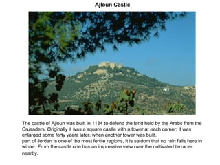 The castle of Ajloun was built in 1184 to defend the land held by the Arabs from the Crusaders. Originally it was a square castle with a tower at each corner; it was enlarged some forty years later, when another tower was built. part of Jordan is one of the most fertile regions, it is seldom that no rain falls here in winter. From the castle one has an impressive view over the cultivated terraces nearby.   Ajloun Castle 
