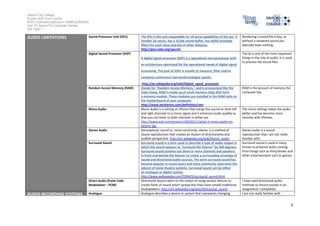 Salford City College
Eccles Sixth Form Centre
BTEC Extended Diploma in GAMES DESIGN
Unit 73: Sound For Computer Games
IG2 Task 1
3
AUDIO LIMITATIONS Sound Processor Unit (SPU) The SPU is the unit responsible for all aural capabilities of the psx. It
handles 24 voices, has a 512kb sound buffer, has ADSR envelope
filters for each voice and lots of other features.
http://psx.rules.org/spu.txt
Rendering a sound file is key, as
without a rendered sound you
basically have nothing.
Digital Sound Processor (DSP)
A digital signal processor (DSP) is a specialized microprocessor with
an architecture optimized for the operational needs of digital signal
processing. The goal of DSPs is usually to measure, filter and/or
compress continuous real-world analogue signals.
http://en.wikipedia.org/wiki/Digital_signal_processor
The ds is one of the most important
things in the role of audio, it is used
to process the sound files.
Random Access Memory (RAM) Stands for "Random Access Memory," and is pronounced like the
male sheep. RAM is made up of small memory chips that form
a memory module. These modules are installed in the RAM slots on
the motherboard of your computer.
http://www.techterms.com/definition/ram
RAM is the amount of memory the
computer has.
Mono Audio Mono Audio is a setting on iPhone that merge the sound on both left
and right channels to a mono signal and it enhances audio quality so
that you can listen to both channels in either ear.
http://www.ask.com/answers/16932211/what-is-mono-audio-on-
iphone-3gs
The mono setting makes the audio
better and has become more
recently with iPhones.
Stereo Audio Stereophonic sound or, more commonly, stereo, is a method of
sound reproduction that creates an illusion of directionality and
audible perspective. http://en.wikipedia.org/wiki/Stereo_audio
Stereo audio is a sound
reproduction that I am not really
familiar with.
Surround Sound Surround sound is a term used to describe a type of audio output in
which the sound appears to "surround the listener" by 360 degrees.
Surround sound systems use three or more channels and speakers
in front and behind the listener to create a surrounding envelope of
sound and directional audio sources. The term surround sound has
become popular in recent years and more commonly used since the
advent of home theatre systems. Surround sound can be either
an analogue or digital system.
http://www.webopedia.com/TERM/S/surround_sound.html
Surround sound is used in many
homes to enhance audio coming
from things such as films/shows and
other entertainment such as games.
Direct Audio (Pulse Code
Modulation – PCM)
Directional Sound refers to the notion of using various devices to
create fields of sound which spread less than most (small) traditional
loudspeakers. http://en.wikipedia.org/wiki/Directional_sound
I have used directional audio
methods to record sounds in an
assignment I completed.
AUDIO RECORDING SYSTEMS Analogue Analogue describes a device or system that represents changing I am not really familiar with
 
