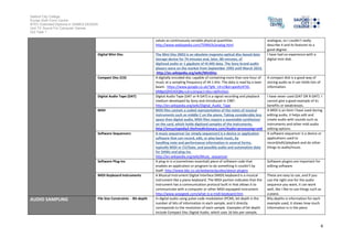 Salford City College
Eccles Sixth Form Centre
BTEC Extended Diploma in GAMES DESIGN
Unit 73: Sound For Computer Games
IG2 Task 1
4
values as continuously variable physical quantities.
http://www.webopedia.com/TERM/A/analog.html
analogue, so I couldn’t really
describe it and its features to a
good degree.
Digital Mini Disc The Mini Disc (MD) is an obsolete magneto-optical disc-based data
storage device for 74 minutes and, later, 80 minutes, of
digitized audio or 1 gigabyte of Hi-MD data. The Sony brand audio
players were on the market from September 1992 until March 2013.
http://en.wikipedia.org/wiki/MiniDisc
I have had no experience with a
digital mini disk.
Compact Disc (CD) A digitally encoded disc capable of containing more than one hour of
music at a sampling frequency of 44.1 kHz. The data is read by a laser
beam. https://www.google.co.uk/?gfe_rd=cr&ei=gaxXU47iG-
bR8geQ9IG4DQ#q=cd+compact+disc+definition
A compact disk is a good way of
storing audio as it can holds lots of
information.
Digital Audio Tape (DAT) Digital Audio Tape (DAT or R-DAT) is a signal recording and playback
medium developed by Sony and introduced in 1987.
http://en.wikipedia.org/wiki/Digital_Audio_Tape
I have never used (DAT OR R-DAT). I
cannot give a good example of its
benefits or weaknesses.
MIDI MIDI files contain a coded representation of the notes of musical
instruments such as middle C on the piano. Taking considerably less
space than digital audio, MIDI files require a wavetable synthesizer
on the card, which holds digitized samples of the instruments.
http://encyclopedia2.thefreedictionary.com/Audio+processing+unit
A MIDI is an item I have used during
editing audio, it helps edit and
create audio with sounds such as
instruments and other midi audio
editing options.
Software Sequencers A music sequencer (or simply sequencer) is a device or application
software that can record, edit, or play back music, by
handling note and performance information in several forms,
typically MIDI or CV/Gate, and possibly audio and automation data
for DAWs and plug-ins.
http://en.wikipedia.org/wiki/Music_sequencer
A software sequencer is a device or
applications used to
record/edit/playback and do other
things to audio/music.
Software Plug-ins A plug-in is a (sometimes essential) piece of software code that
enables an application or program to do something it couldn’t by
itself. http://www.bbc.co.uk/webwise/guides/about-plugins
Software plugins are important for
editing software.
MIDI Keyboard Instruments A Musical Instrument Digital Interface (MIDI) keyboard is a musical
instrument like a piano keyboard. The MIDI portion indicates that the
instrument has a communication protocol built in that allows it to
communicate with a computer or other MIDI-equipped instrument.
http://www.wisegeek.com/what-is-a-midi-keyboard.htm
These are easy to use, and if you
use the right one for the audio
sequence you want, it can work
well, like I like to use things such as
a piano.
AUDIO SAMPLING File Size Constraints - Bit-depth In digital audio using pulse-code modulation (PCM), bit depth is the
number of bits of information in each sample, and it directly
corresponds to the resolution of each sample. Examples of bit depth
include Compact Disc Digital Audio, which uses 16 bits per sample,
Bity depths is information for each
example used, it shows how much
information is in the piece.
 