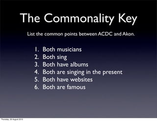 The Commonality Key
                           List the common points between ACDC and Akon.


                             1.   Both musicians
                             2.   Both sing
                             3.   Both have albums
                             4.   Both are singing in the present
                             5.   Both have websites
                             6.   Both are famous



Thursday, 26 August 2010
 