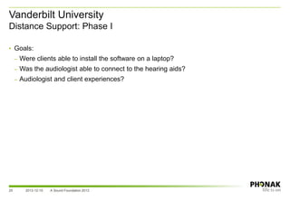 Vanderbilt University
Distance Support: Phase I
25
• Goals:
– Were clients able to install the software on a laptop?
– Was the audiologist able to connect to the hearing aids?
– Audiologist and client experiences?
2013-12-10 A Sound Foundation 2013
 