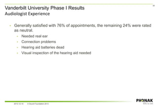 Vanderbilt University Phase I Results
Audiologist Experience
30
• Generally satisfied with 76% of appointments, the remaining 24% were rated
as neutral.
• Needed real ear
• Connection problems
• Hearing aid batteries dead
• Visual inspection of the hearing aid needed
2013-12-10 A Sound Foundation 2013
 