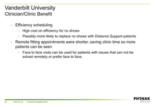 Vanderbilt University
Clinician/Clinic Benefit
32
• Efficiency scheduling
• High cost on efficiency for no shows
• Possibly more likely to replace no shows with Distance Support patients
• Remote fitting appointments were shorter, saving clinic time so more
patients can be seen
• Face to face visits can be used for patients with issues that can not be
solved remotely or prefer face to face.
2013-12-10 A Sound Foundation 2013
 