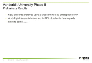 Vanderbilt University Phase II
Preliminary Results
34
• 62% of clients preferred using a webcam instead of telephone only
• Audiologist was able to connect to 87% of patient’s hearing aids.
• More to come…….
2013-12-10 A Sound Foundation 2013
 