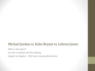 Michael Jordan vs. Kobe Bryant vs. Lebron James Who is the best? Let the numbers do the talking Apples to Apples – NO team accomplishments 