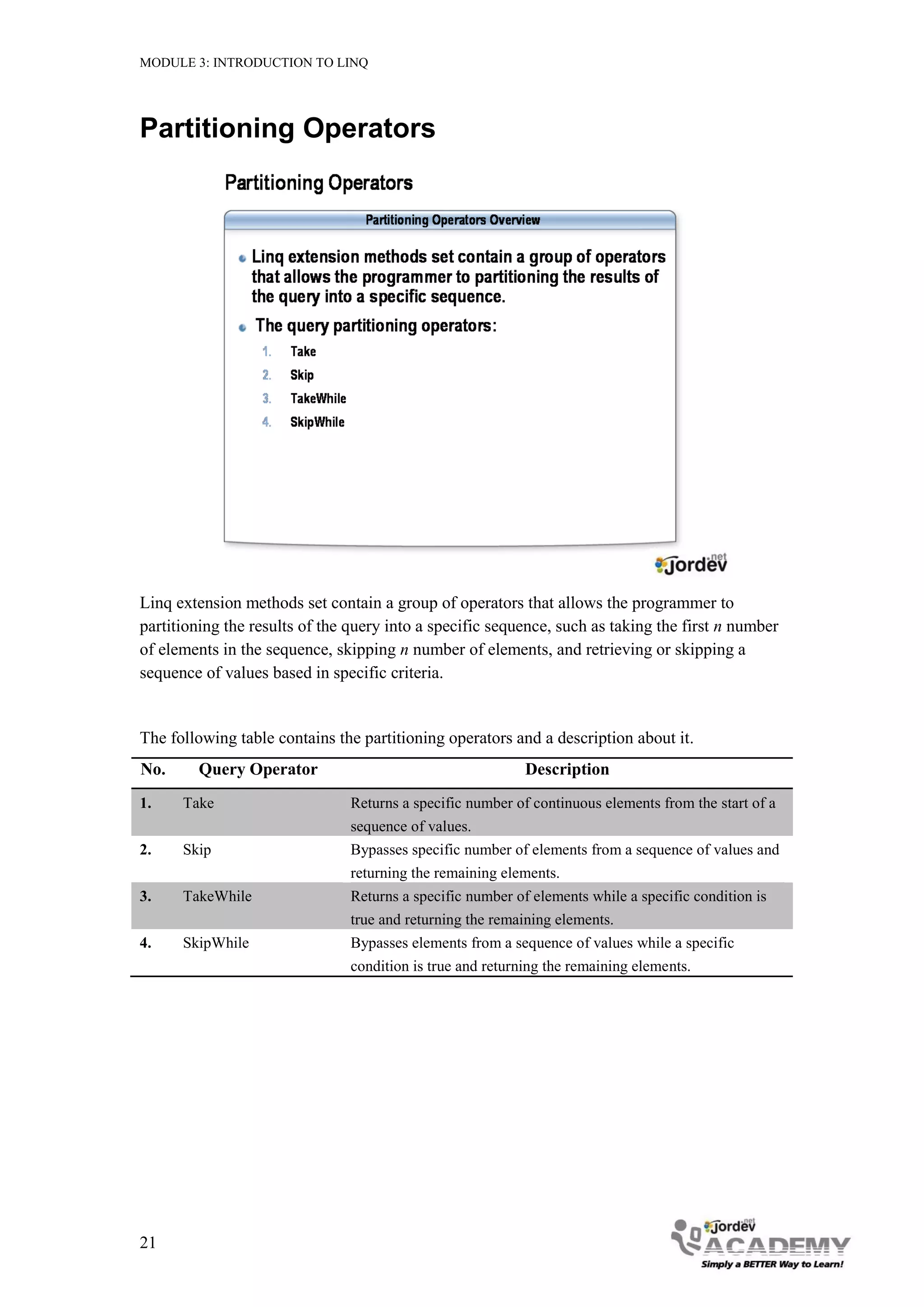 MODULE 3: INTRODUCTION TO LINQ




Partitioning Operators




Linq extension methods set contain a group of operators that allows the programmer to
partitioning the results of the query into a specific sequence, such as taking the first n number
of elements in the sequence, skipping n number of elements, and retrieving or skipping a
sequence of values based in specific criteria.


The following table contains the partitioning operators and a description about it.
No.     Query Operator                                      Description
1.    Take                      Returns a specific number of continuous elements from the start of a
                                sequence of values.
2.    Skip                      Bypasses specific number of elements from a sequence of values and
                                returning the remaining elements.
3.    TakeWhile                 Returns a specific number of elements while a specific condition is
                                true and returning the remaining elements.
4.    SkipWhile                 Bypasses elements from a sequence of values while a specific
                                condition is true and returning the remaining elements.




21
 
