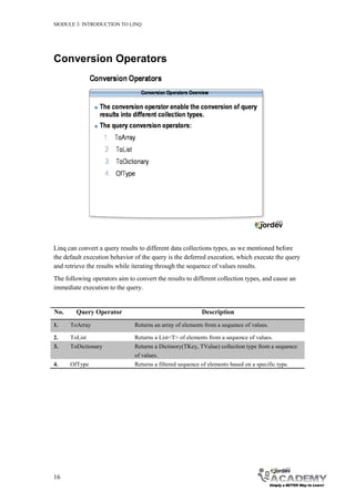 MODULE 3: INTRODUCTION TO LINQ




Conversion Operators




Linq can convert a query results to different data collections types, as we mentioned before
the default execution behavior of the query is the deferred execution, which execute the query
and retrieve the results while iterating through the sequence of values results.
The following operators aim to convert the results to different collection types, and cause an
immediate execution to the query.


No.     Query Operator                                     Description
1.    ToArray                  Returns an array of elements from a sequence of values.

2.    ToList                   Returns a List<T> of elements from a sequence of values.
3.    ToDictionary             Returns a Dictinory(TKey, TValue) collection type from a sequence
                               of values.
4.    OfType                   Returns a filtered sequence of elements based on a specific type.




16
 