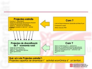 Projectes estrella Centres d’interpretació Espais de valorització del producte artesanal Centres de promoció empresarial Espais d’intercanvi de coneixement Espais de posada en valor de l’activitat territorial etc ... Projectes de diversificació de l’economia rural Cases de Turisme Rural Hotels Rurals / restaurants Millora d’explotacions agràries Petita agroindústria etc ... Què són els Projectes estrella?:   Projectes capaços de dinamitzar l’activitat econòmica d’un territori. Com ? Llei de Desenvolupament Sostenible del Medi Rural Cooperació Leader Altres mesures PDR Com ? Ajuts a modernització d’explotacions Ajuts a la 1a instal·lació de joves agricultors/es Ajuts a Inversions en Indústries agroalimentàries Ajuts a la diversificació de l’economia rural Projectes Leader  etc ... 